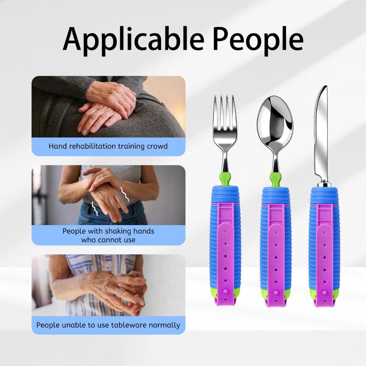 Adaptive Utensils for Disability, 360°Gadgets Swivel Fork Spoon with Adjustable Silicone Strap for Weak Hand Grip & Handicapped & Parkinsons Travel Eating Utensils for Disabled, Elderly - Blue / 3 Pack