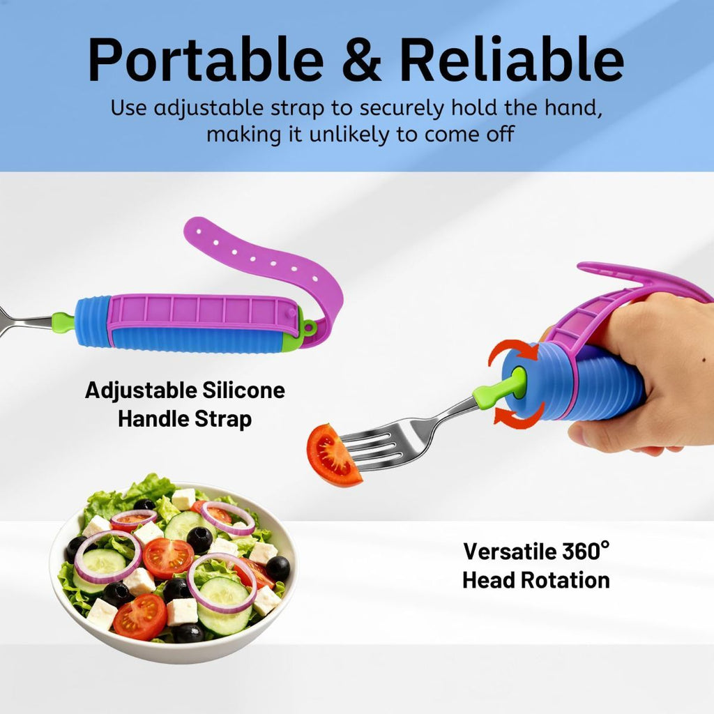 Adaptive Utensils for Disability, 360°Gadgets Swivel Fork Spoon with Adjustable Silicone Strap for Weak Hand Grip & Handicapped & Parkinsons Travel Eating Utensils for Disabled, Elderly - Blue / 3 Pack