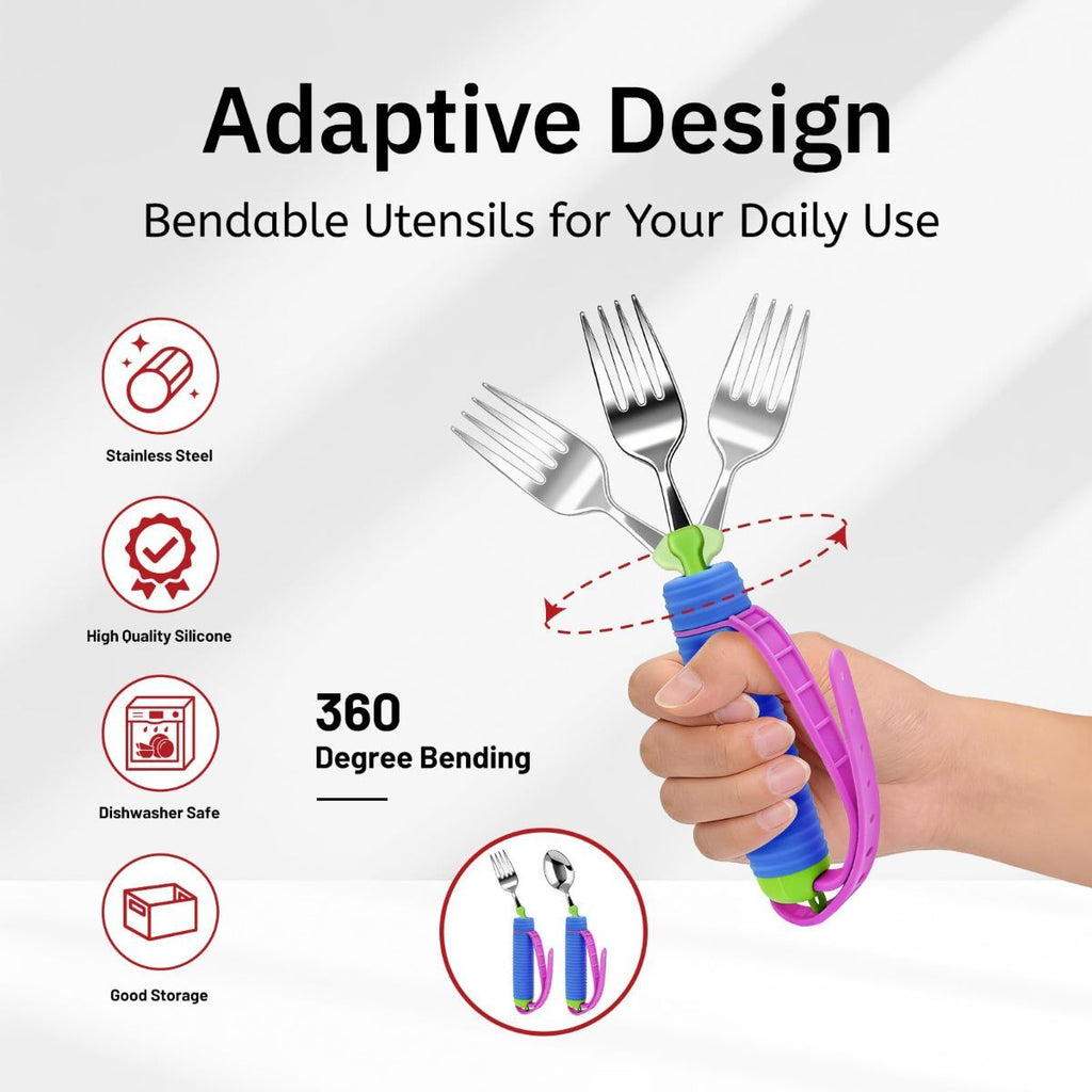 Adaptive Utensils for Disability, 360°Gadgets Swivel Fork Spoon with Adjustable Silicone Strap for Weak Hand Grip & Handicapped & Parkinsons Travel Eating Utensils for Disabled, Elderly - Blue / 3 Pack