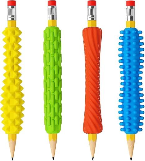 4 Pack Textured Silicone Pencil Grips - Sensory Fidget Tools for Adults, ADHD Autism Anxiety Relief, Quiet Classroom Office Travel Focus Aid, Improve Grip and Fine Motor Skills