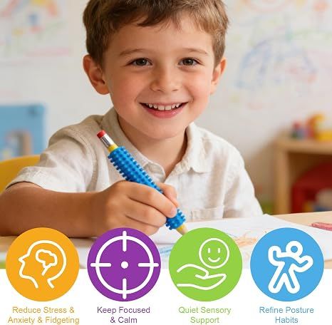 4 Pack Textured Silicone Pencil Grips - Sensory Fidget Tools for Adults, ADHD Autism Anxiety Relief, Quiet Classroom Office Travel Focus Aid, Improve Grip and Fine Motor Skills